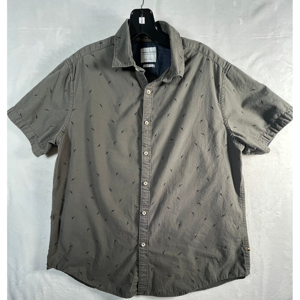 Denim & Flower Ricky Singh Mens L Slim Fit Bird Print Button Down Shirt Green